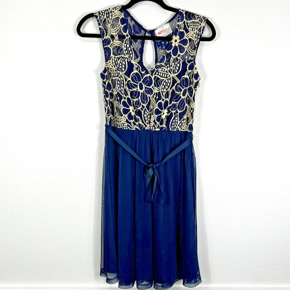 Moon Womens Cocktail Dress S Navy Blue Floral Lace Mesh Coquette Whimsigoth